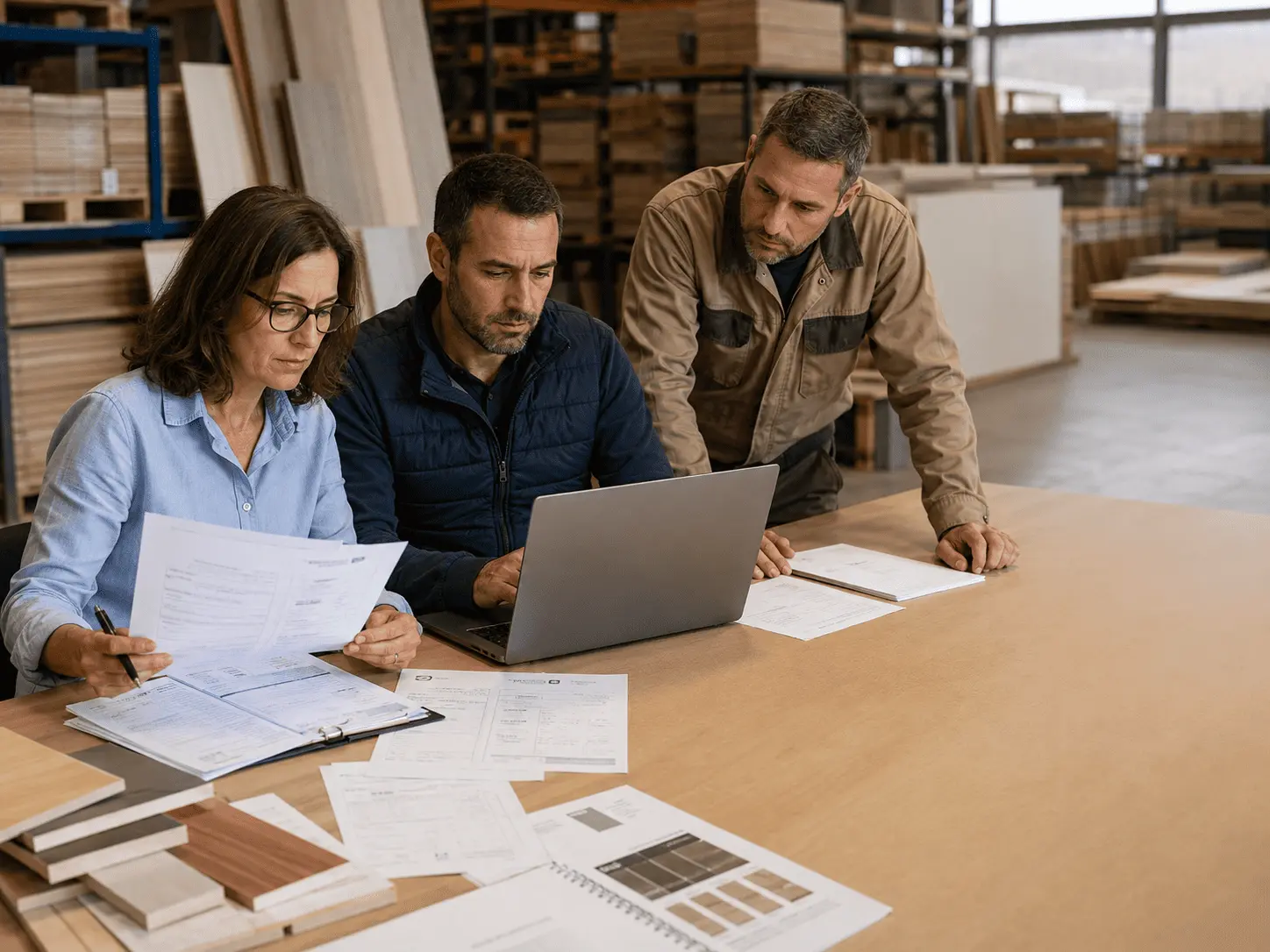 Equipo de una pyme del sector madera revisando documentación y datos de una operación