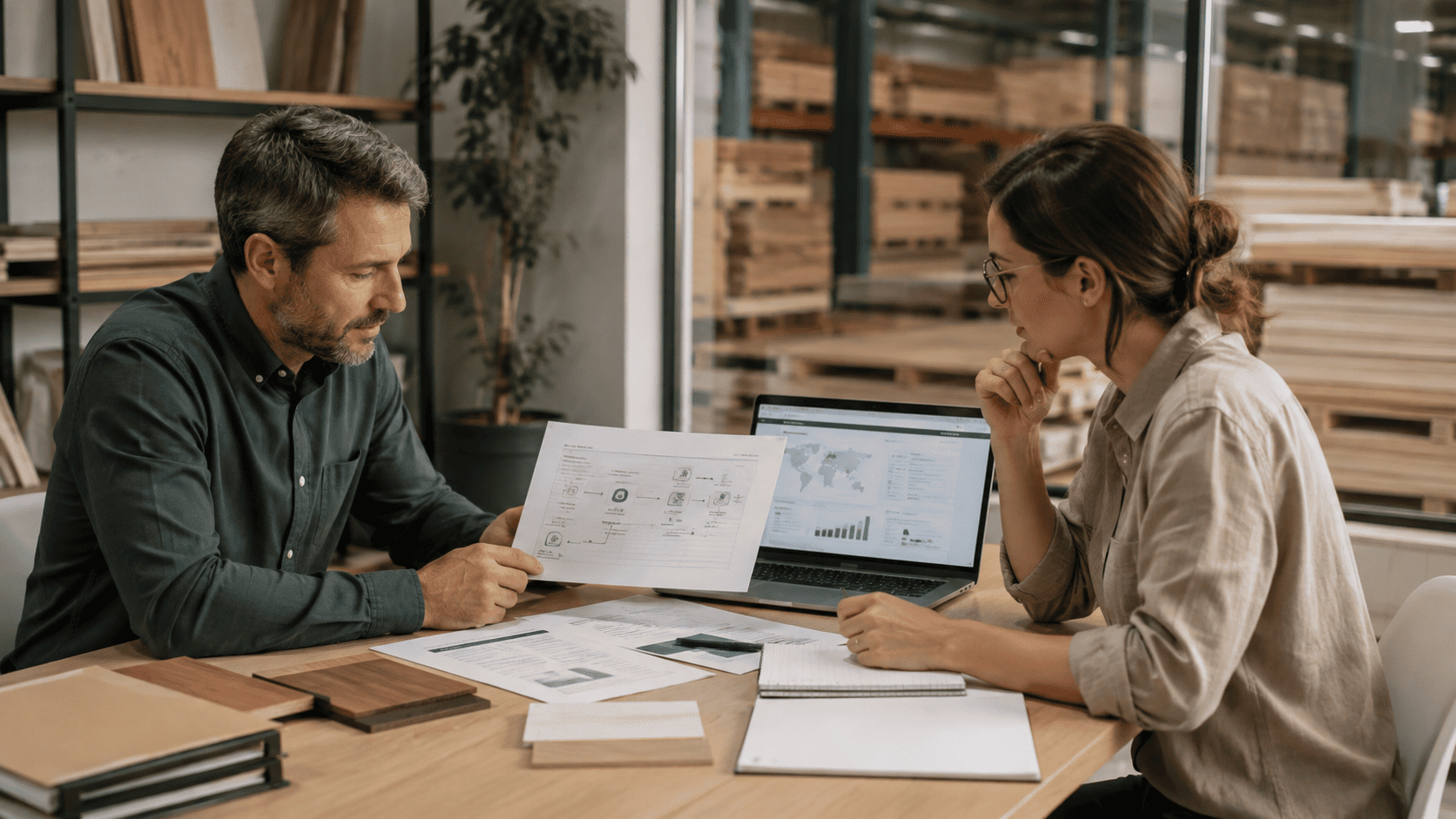 Profesionales del sector de la madera revisando documentación y productos para preparar su proceso EUDR